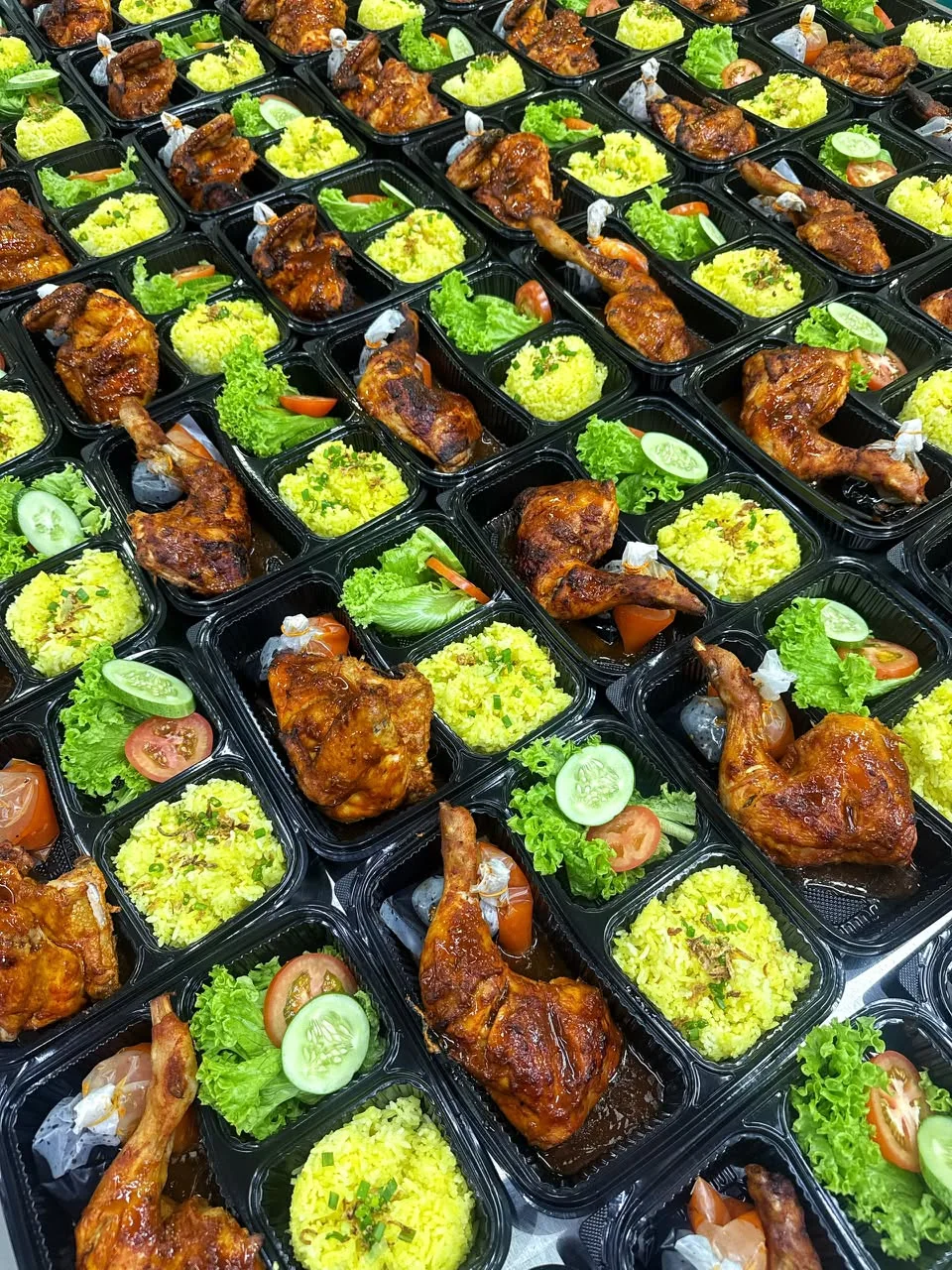 Hidangan nasi dan lauk dalam bekas makanan Ans Catering